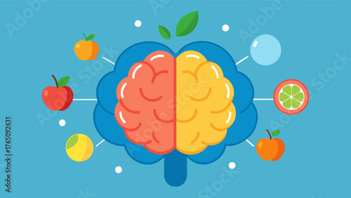 A closeup of a brain surrounded by an array of vitamins minerals and antioxidants symbolizing the importance of a nutrientrich diet for brain health.. Vector illustration