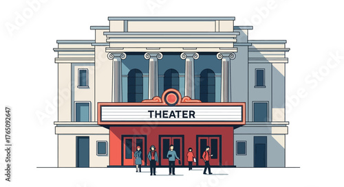 Illustrated Theater Building Facade with People Entering the Venue