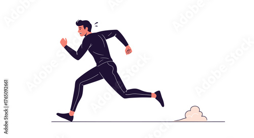 Dynamic illustration of a male figure sprinting with determination and dust trail