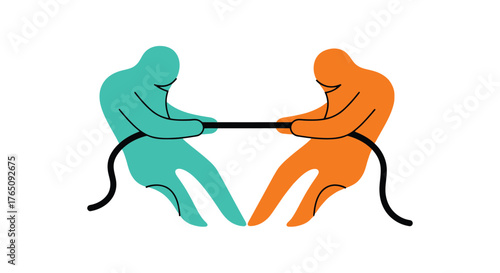 Colorful cartoon figures engaged in a tug of war competition match