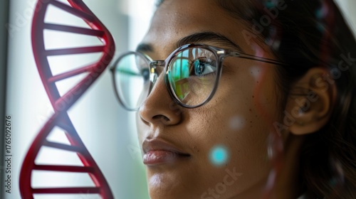 Young Female Scientist Wearing Glasses Analyzing Dna Model in Laboratory