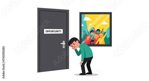 Missed opportunity with a man feeling disappointment at the doorway