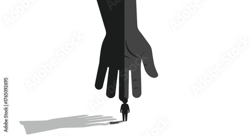 Tiny figure under the shadow of a divided hand, symbolizing conflict