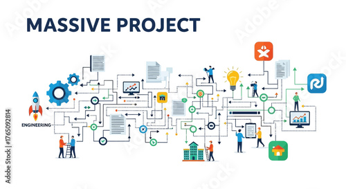 Complex project management illustration emphasizing coordination and communication