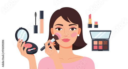 Charming young woman applying blush with makeup brush on her cheeks