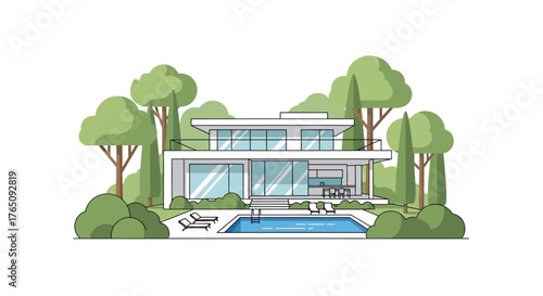 Modern luxury villa surrounded by nature with pool and deckchairs
