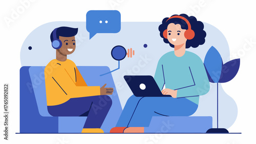 A the holds a recording session with their patient helping them record positive affirmations and coping strategies for their anxiety. The patient can use the recordings at any time. Vector
