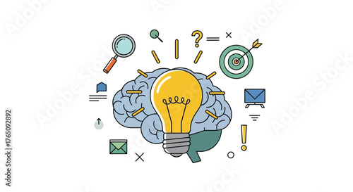 Brainstorming session, bright idea concept illustration with lightbulb