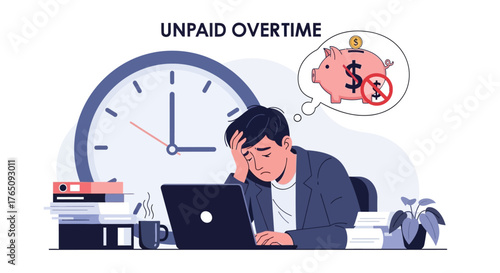 Stressed employee working unpaid overtime, with financial worries and deadlines
