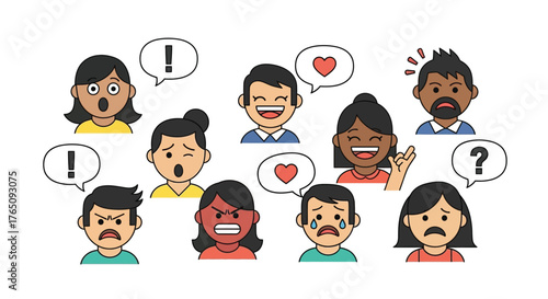 Illustration showcasing diverse people faces with various emotions in chat bubbles