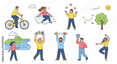 Illustrated Characters Engaging in Various Activities Against a White Backdrop