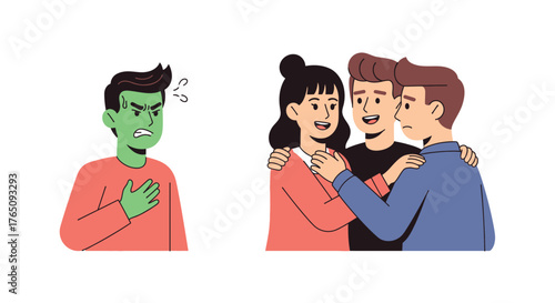 Illustration showcasing jealousy and exclusion among friend group dynamic
