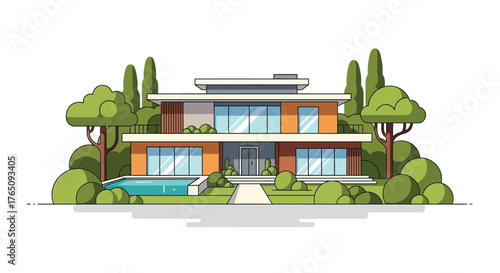 Stylized Modern House with Pool and Lush Greenery Illustration