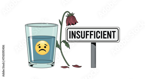 Insufficient resources depicted with a drooping flower and sad water glass