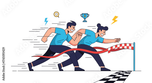 Two colleagues running together towards the finish line illustration