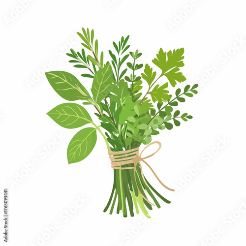 Bundle of fresh herbs tied with twine

