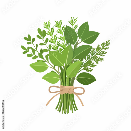 Bundle of fresh herbs tied with twine
