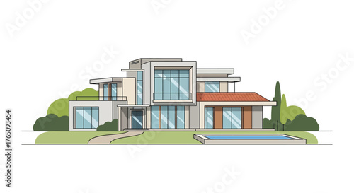 Modern architectural design illustration of a house with swimming pool