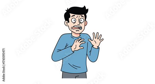 Animated man conveying intense fear with exaggerated facial expression