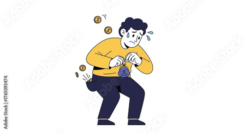 Anxious man with empty pockets trying to find coins in his purse