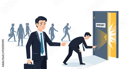 Business world dismissal, opportunity knocking, but employee left behind