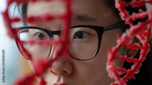 Young Woman with Glasses Looking Intently at Red Dna Helix Model