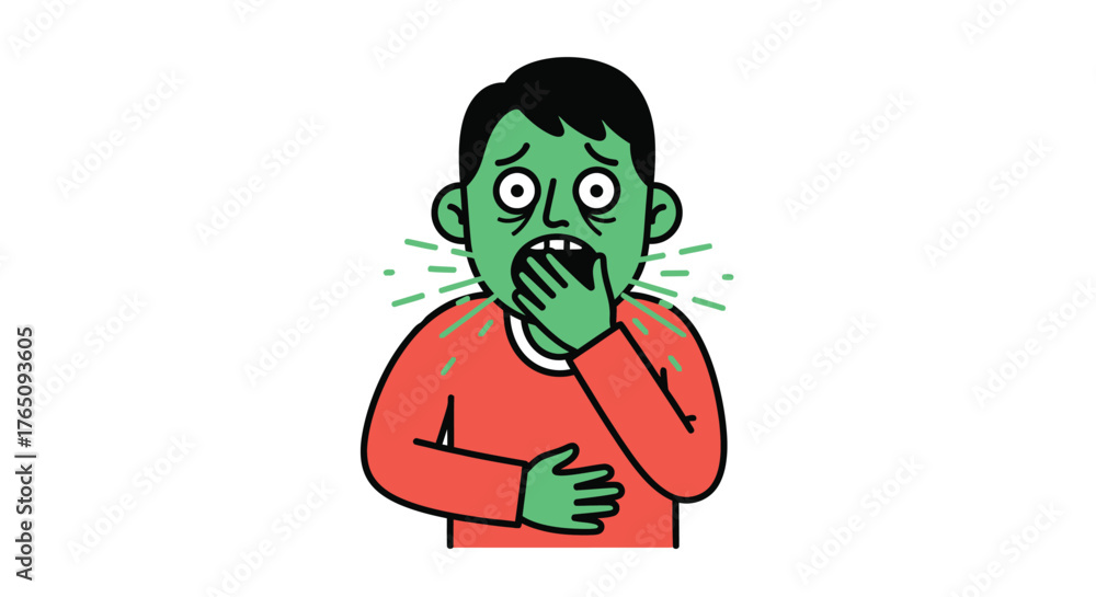 Obraz premium Illustration of nauseous man with green skin feeling sick and gagging