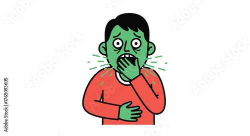 Illustration of nauseous man with green skin feeling sick and gagging