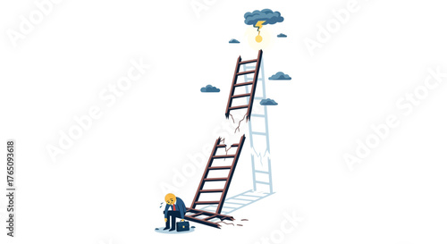 Business setback, Broken ladder to success under stormy skies depiction