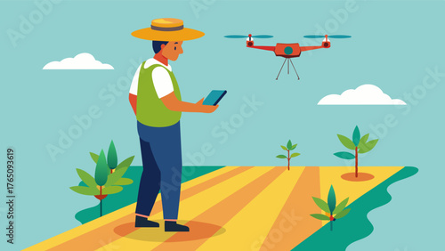 A farmer uses a drone with advanced mapping technology to create a precise 3D map of his crop fields helping him to identify areas that need extra attention.. Vector illustration