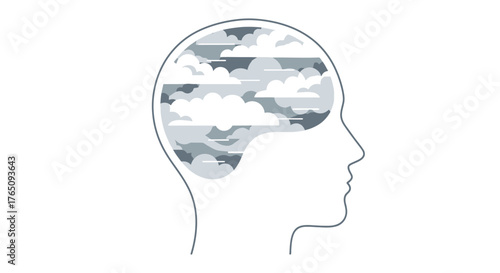 Head silhouette filled with abstract clouds representing mental state