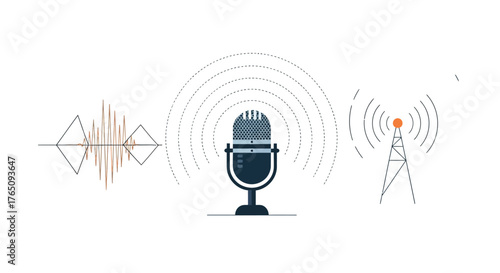 Vector illustration of broadcasting with microphone, sound wave and antenna