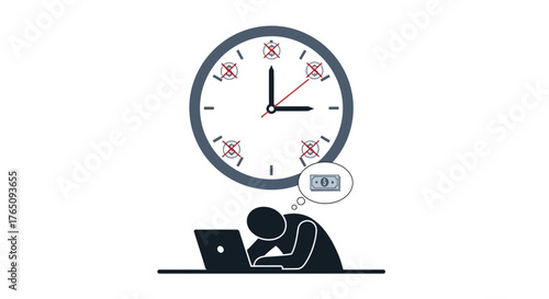 Concept Illustration of Overtime Work and Financial Stress Due to Long Hours