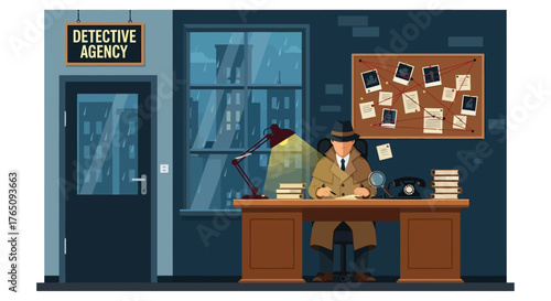 Private investigator analyzing clues in his office on a rainy night