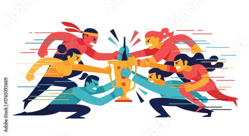 Illustration of teams intensely competing for a golden trophy prize