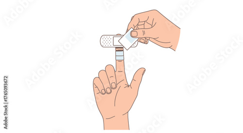 Applying adhesive bandage to finger, a hand attaching a plaster patch