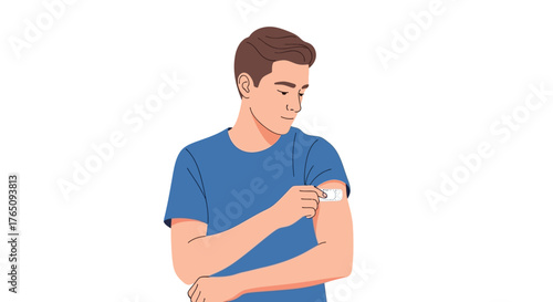 Man applying bandage on arm after vaccination, treatment and self care