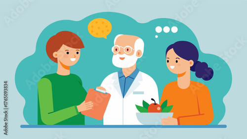 A doctor and a nutritionist discussing a customized diet plan for an elderly person with memory loss during a visit to a memory clinic.. Vector illustration