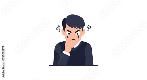 Cartoon illustration of a thoughtful and angry character with tear