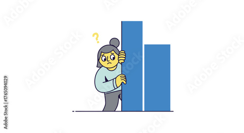 Anxious woman peering behind declining chart bars wondering about business