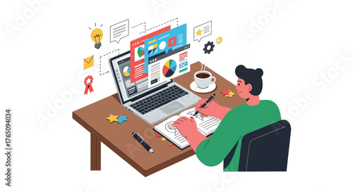 Creative professional working with technology and sketches at the desk