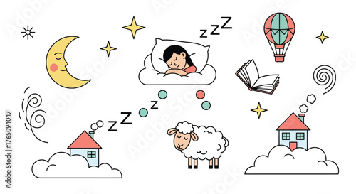 Dreamland illustration with sleeping girl, sheep, moon, and houses