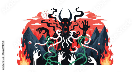 Illustrative demonic entity emerging from fiery hellscape landscape