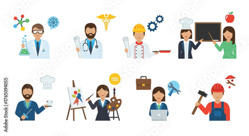 Diverse professions illustrated in flat design style, career prospects icon set