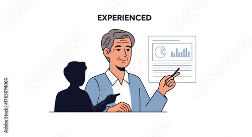 Experienced senior presenter delivering information with business graphics