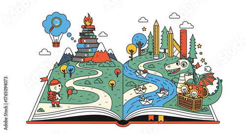 Unfolding imagination: Exploring worlds within an open storybook illustration