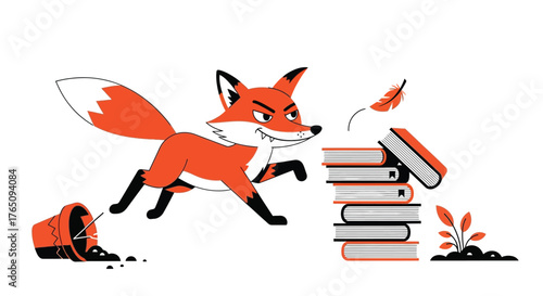 Mischievous Fox Causing Chaos Around Books and Plants with a Sneaky Grin