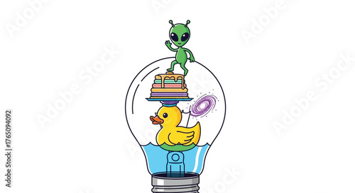 Whimsical lightbulb illustration featuring an alien duck pancakes galaxy