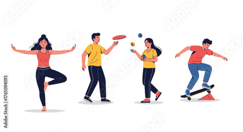 Active lifestyle illustration featuring yoga, juggling and skateboarding characters