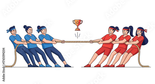 Team competition of tug-of-war, striving for victory and sportsmanship